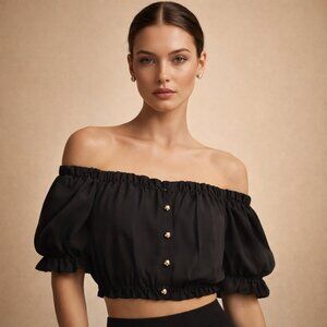 SHEIN Black Off-the-Shoulder Smocked Crop Top – Size XS